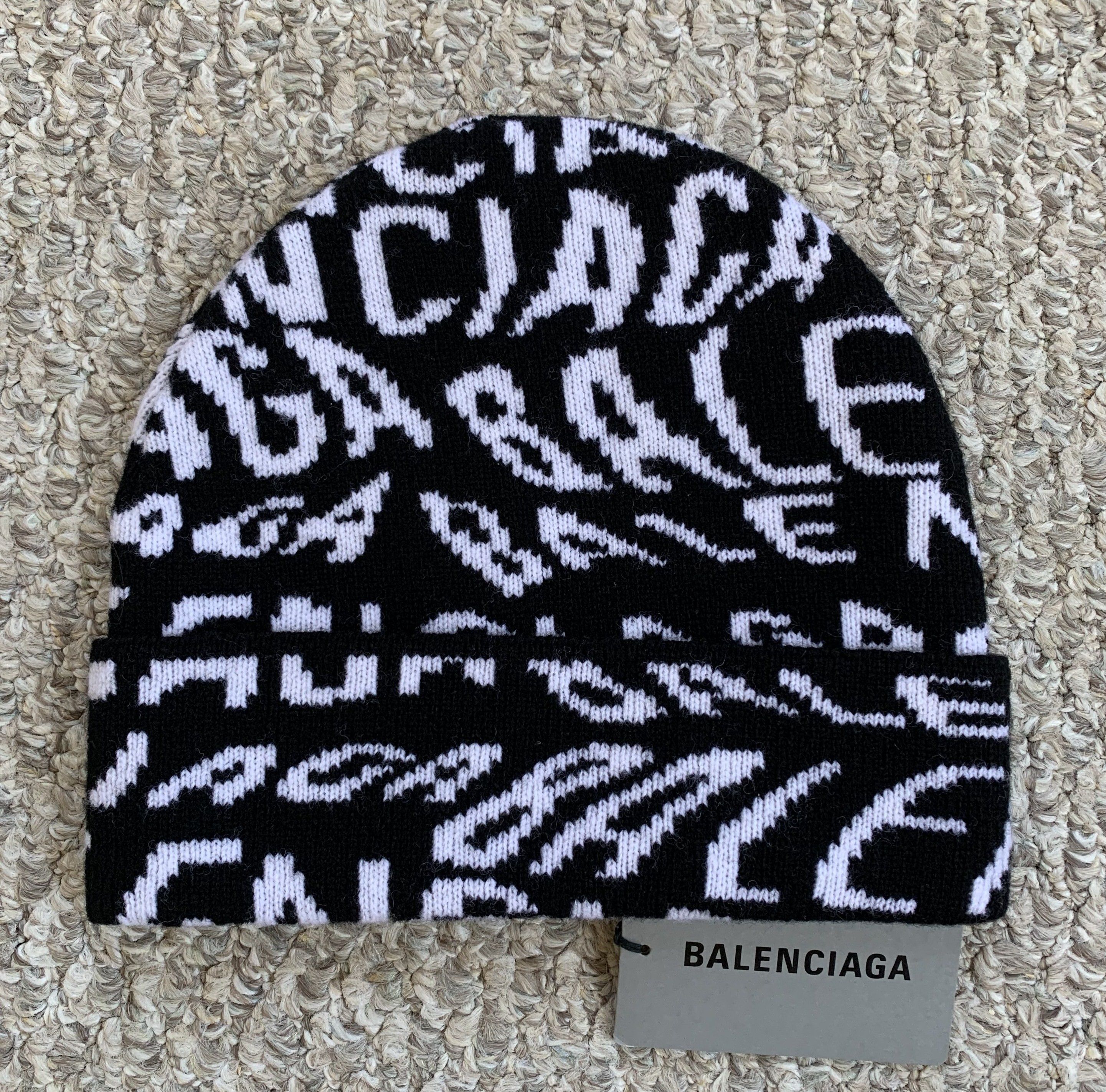 image of New Balenciaga Wave Logo Beanie Hat in Black/Cream, Men's