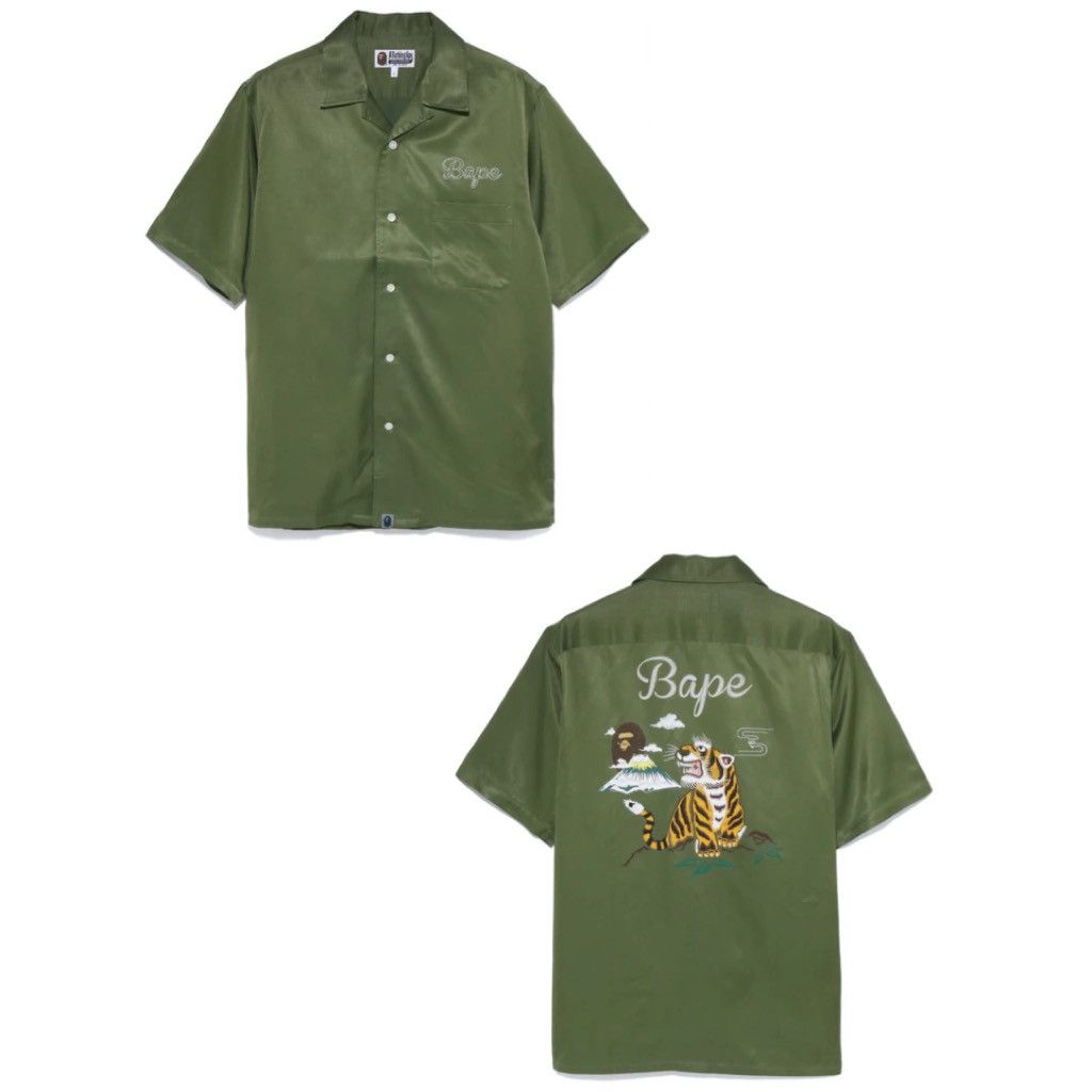 image of Bape Japan Culture Open Collar Shirt Olive Drab in Black, Men's (Size Medium)