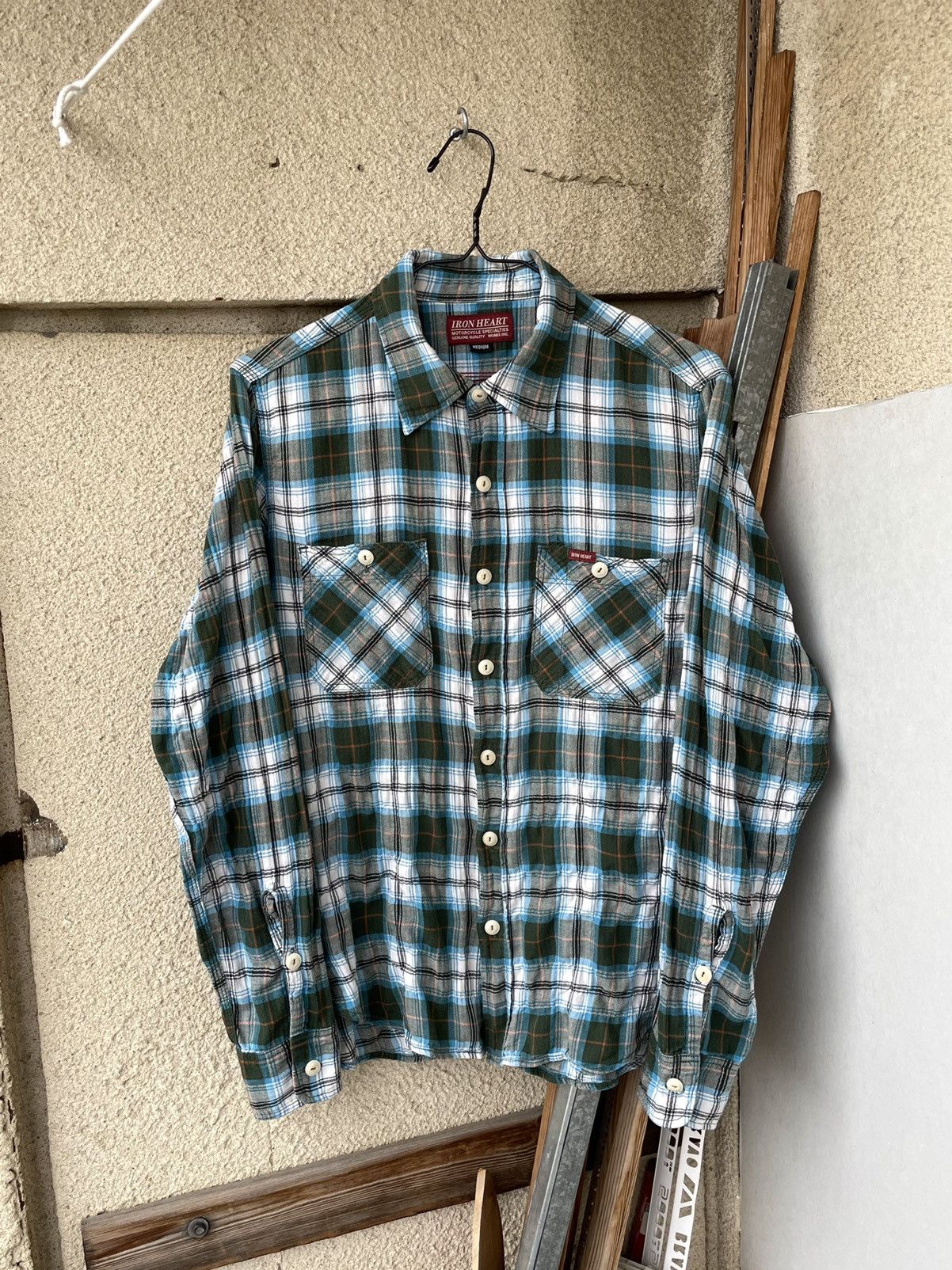 image of Iron Heart Motorcycle Flannel Plaid Selvedge Work Shirt in Blue/Green, Men's (Size Medium)