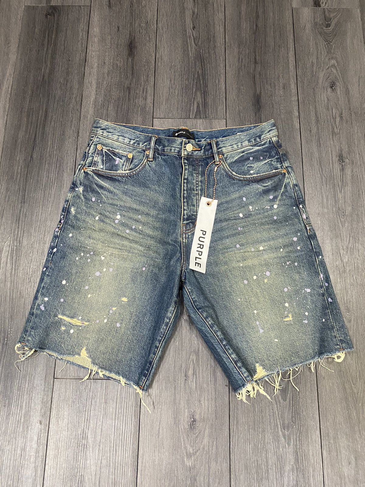 Purple Paint Splatter Blue Denim Shorts Size 33