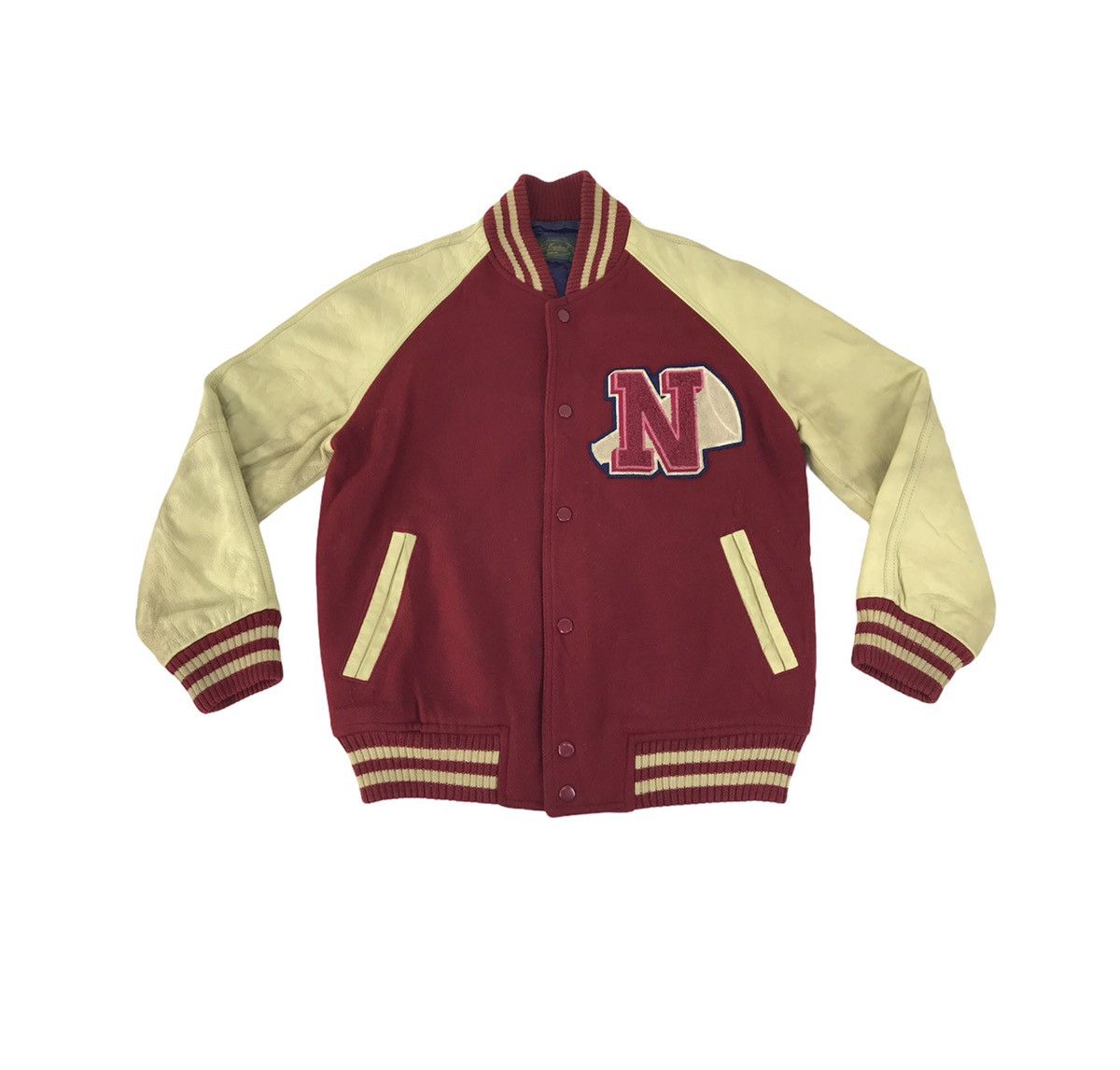 Vintage Grey Two-tone Leather & Wool Varsity Jacket S