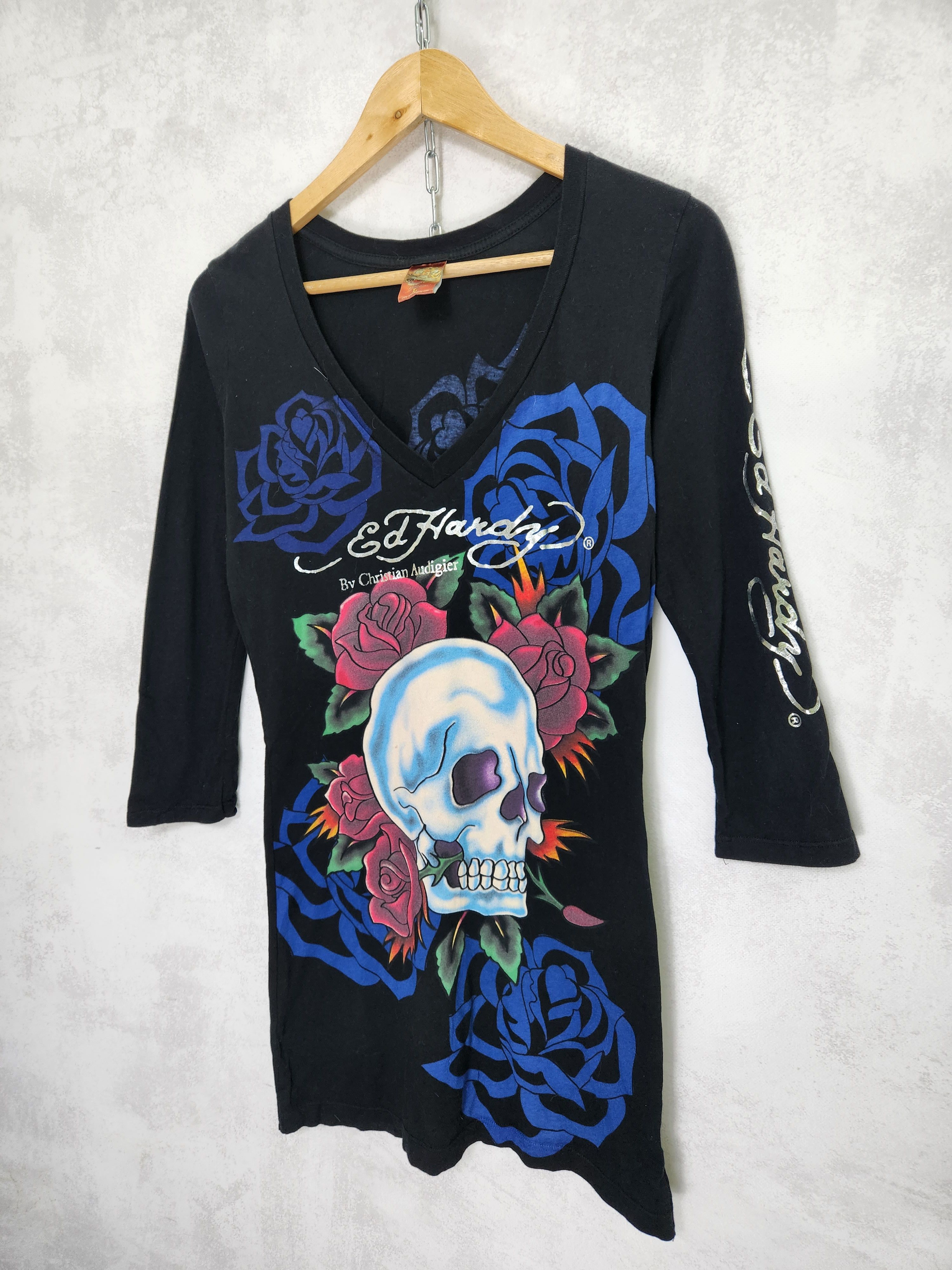 Christian Audigier ED HARDY FULL Skull PRINTED MINI DRESS Size L / US 10 / IT 46 - 2 Thumbnail