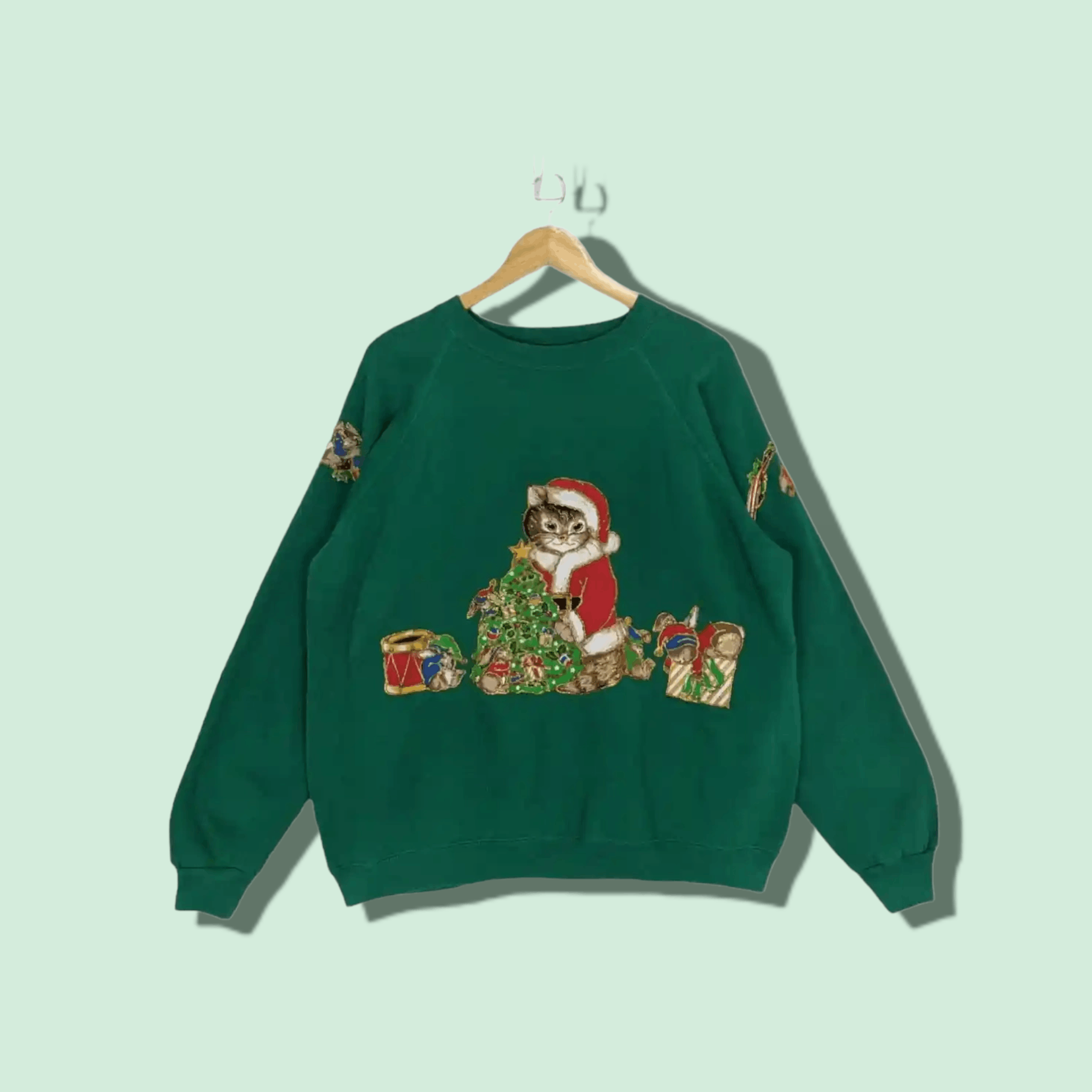 Image of 1990X Clothing x Hanes Vintage 90's Cat Santa Christmas Big Image Jumper Sweatshirt in Green (Size 