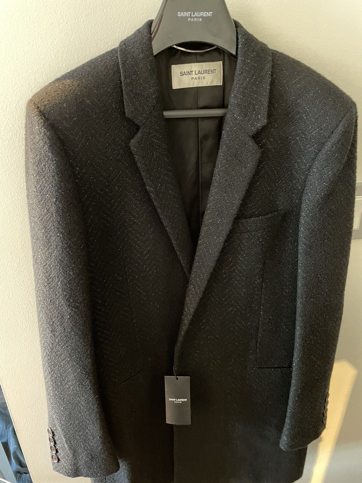 Hedi Slimane × Saint Laurent Paris × Yves Saint Laurent $4,500 Super Runway Iconic Heavy Lurex Wool Coat Brane New Size US L / EU 52-54 / 3 - 21 Thumbnail