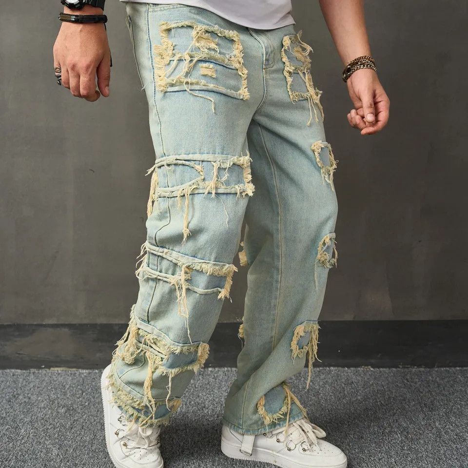 Men Streetwear Stylish Ripped Patch Loose Jeans Pants