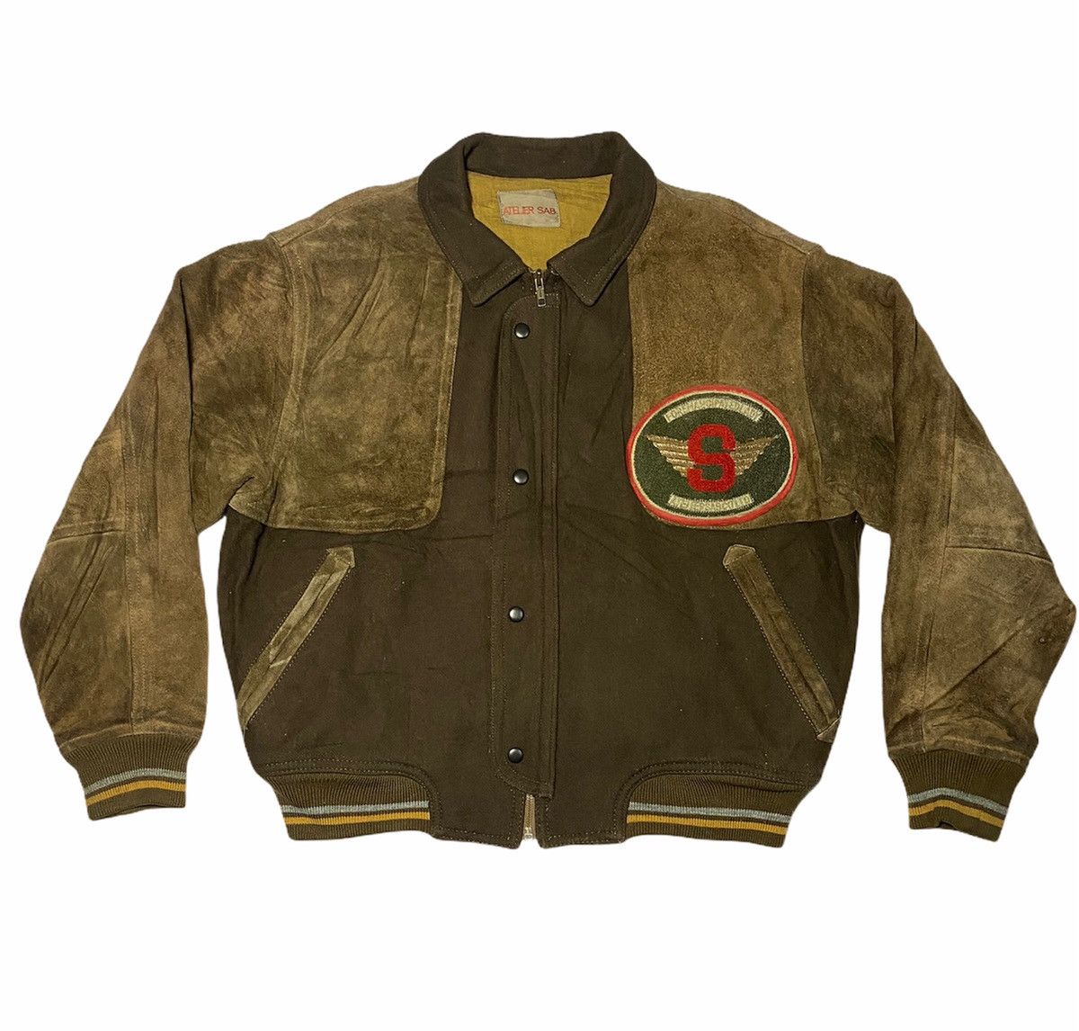 image of Atelier Sab Varsity Jacket Wool Leather in Brown, Men's (Size Large)