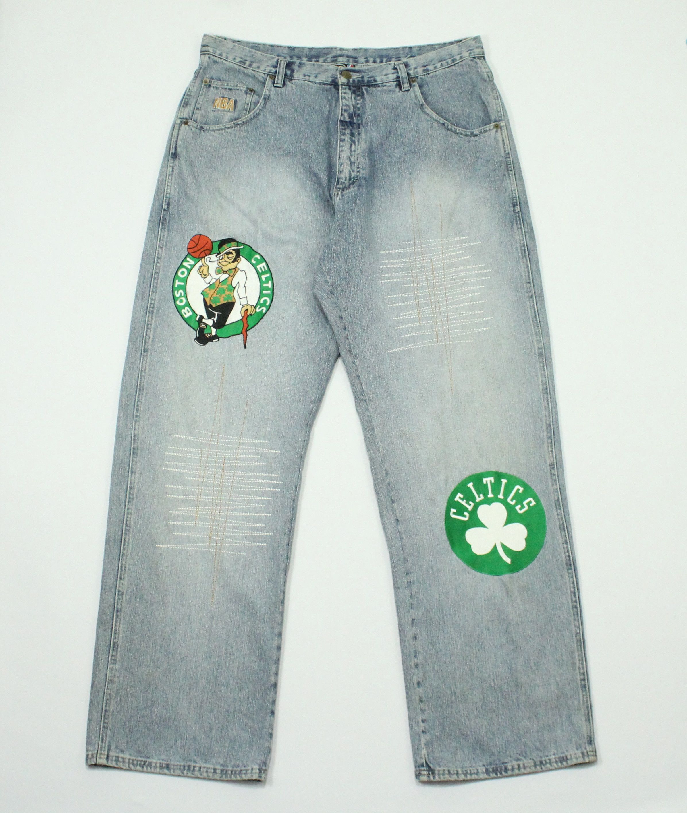 image of Baggy Vintage Boston Celtics Unk Denim Pants Jeans in Blue, Men's (Size 36)