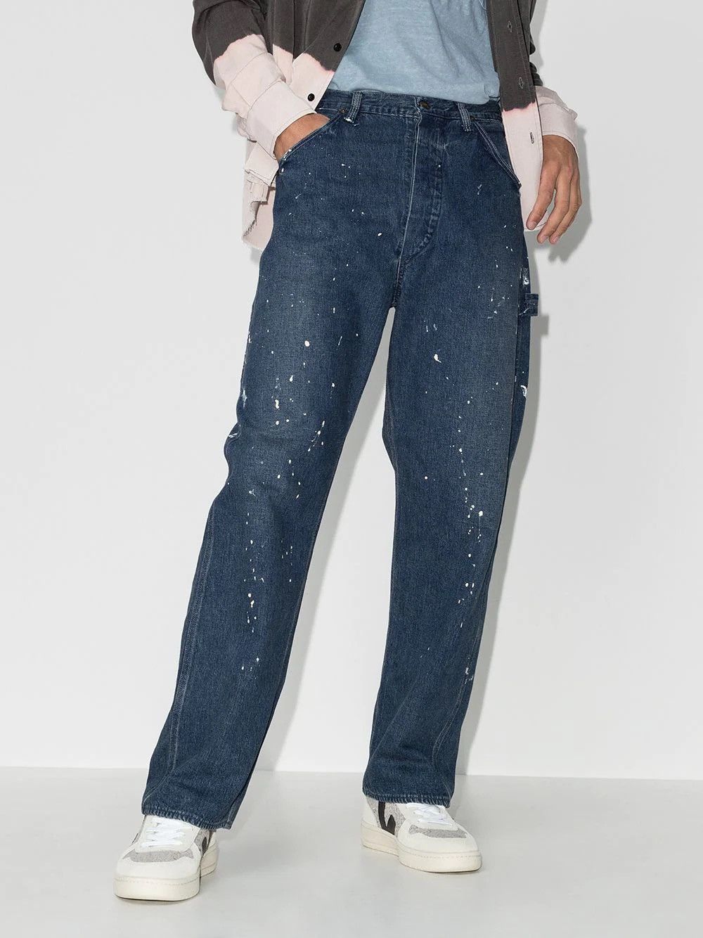 image of Orslow Used Wash Splattered Denim Painter Pant Size 3 in Mid Wash, Men's