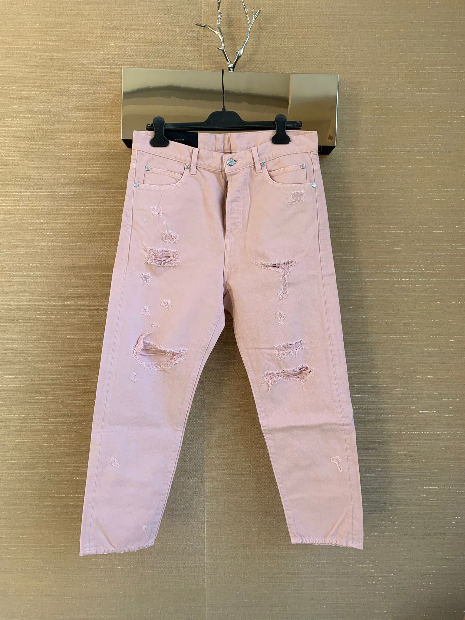 Distressed Straight Denim in Salmon