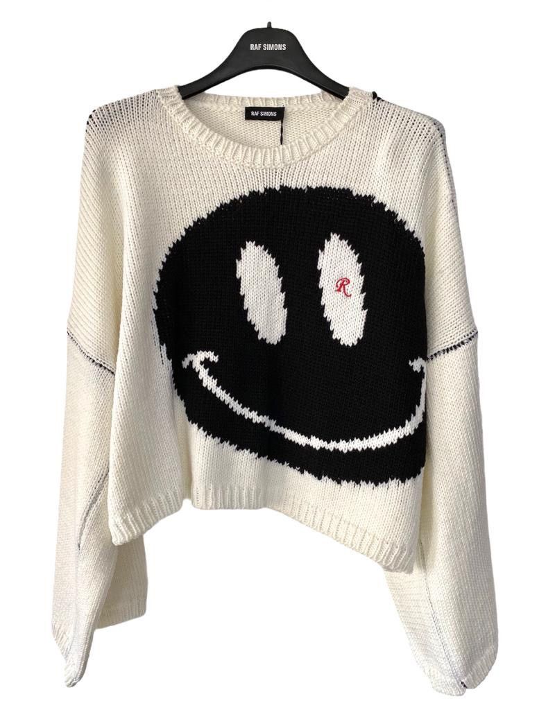 image of Raf Simons Smiley Face Knitted Sweater In White, Men's (Size Small)