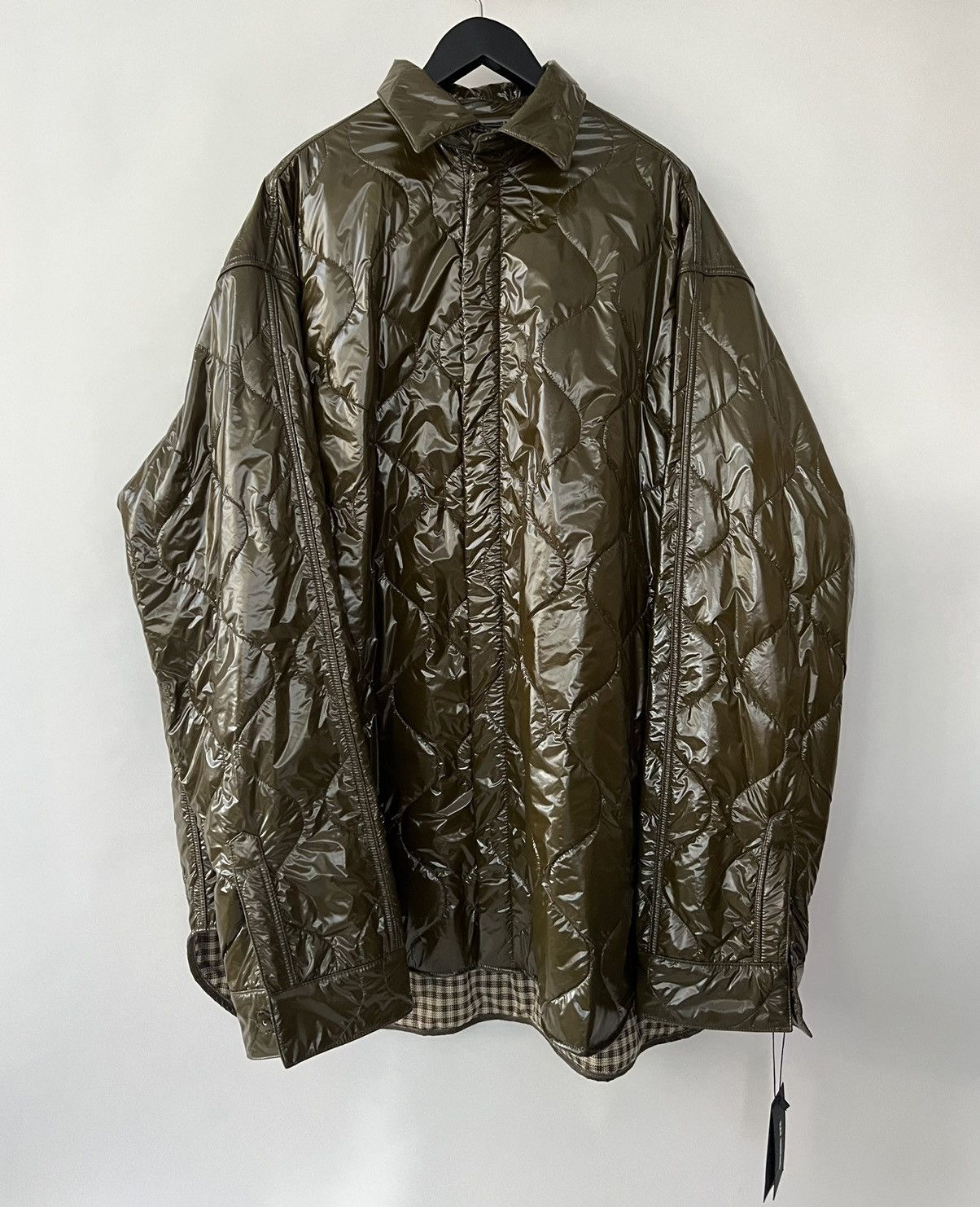 image of Raf Simons Quilted High-Shine Coat in Khaki, Men's (Size XL)