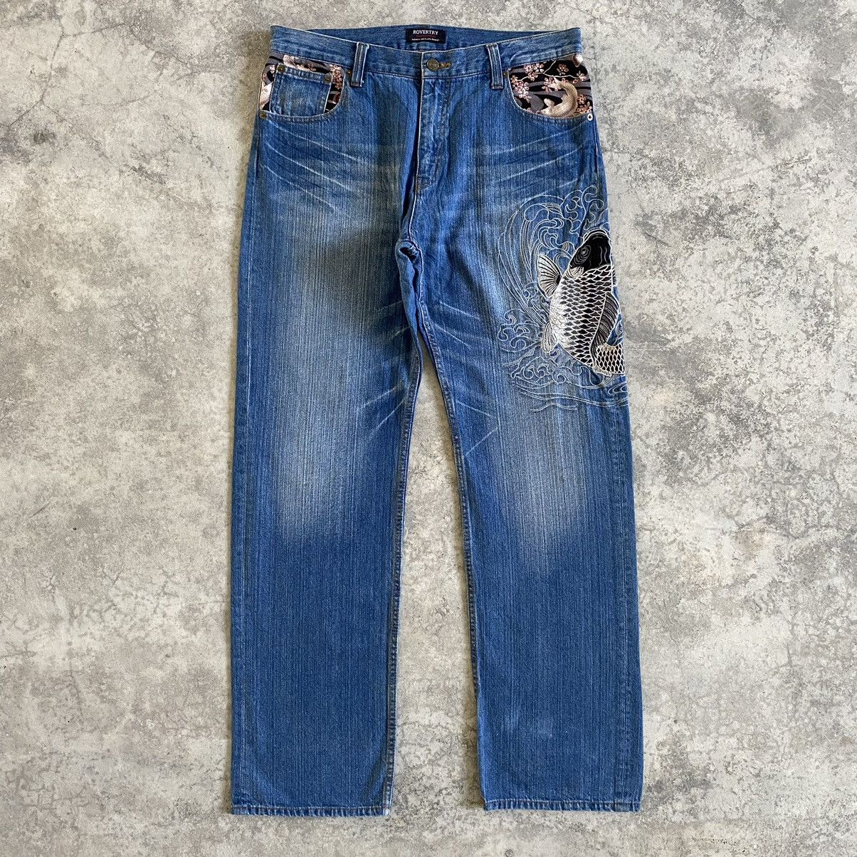 Japanese Brand Rovertry Japan Koi Fish Embroidered Sukajan Jeans Size US 35 - 1 Thumbnail