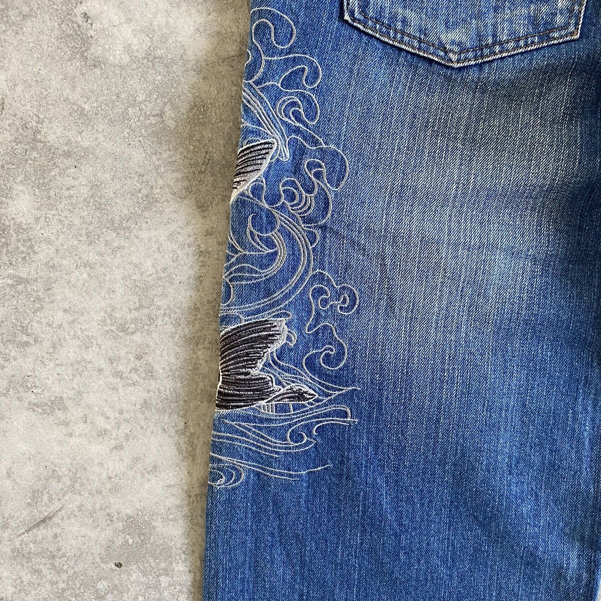 Japanese Brand Rovertry Japan Koi Fish Embroidered Sukajan Jeans Size US 35 - 16 Thumbnail
