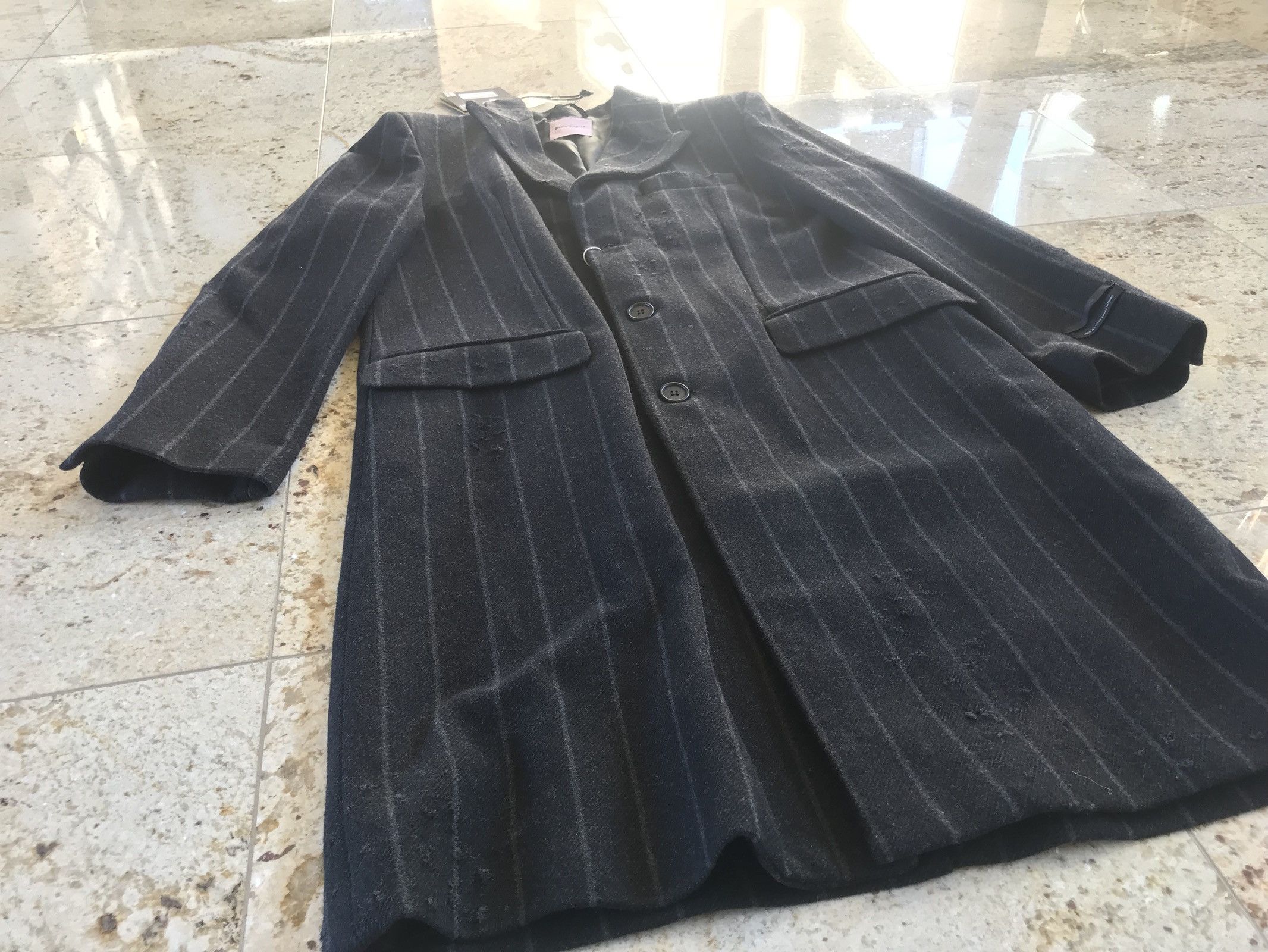 Palm Angels Light Distressed All Over Stripe Wool Black Coat Size US M / EU 48-50 / 2 - 7 Thumbnail
