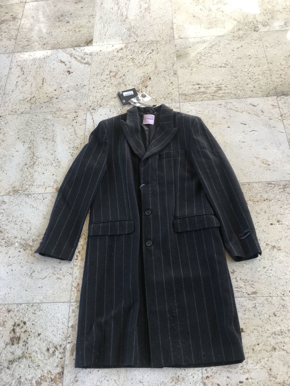 Palm Angels Light Distressed All Over Stripe Wool Black Coat Size US M / EU 48-50 / 2 - 8 Thumbnail