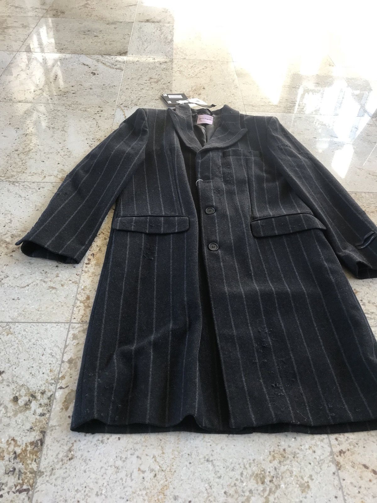 Palm Angels Light Distressed All Over Stripe Wool Black Coat Size US M / EU 48-50 / 2 - 6 Thumbnail