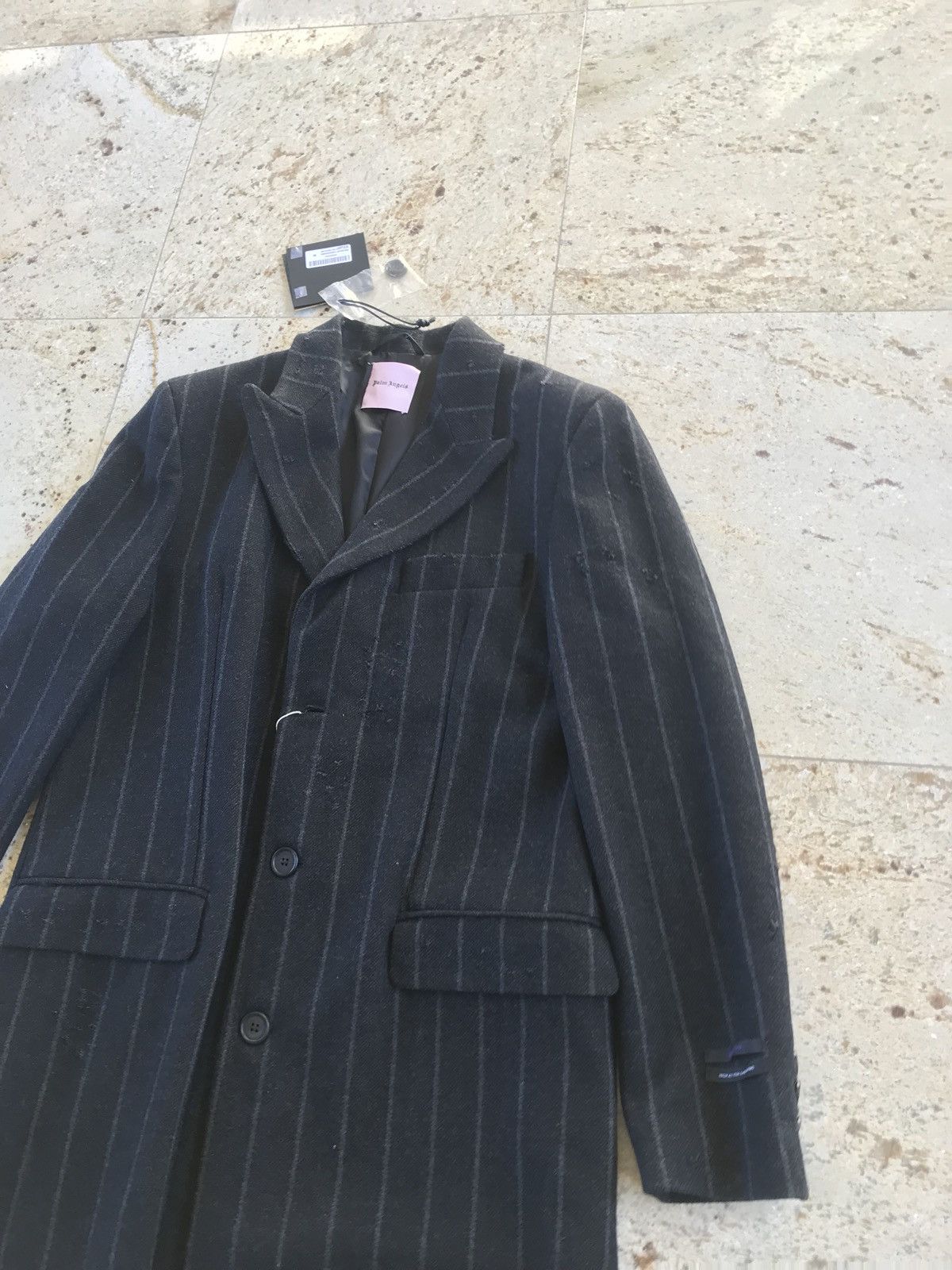 Palm Angels Light Distressed All Over Stripe Wool Black Coat Size US M / EU 48-50 / 2 - 11 Thumbnail