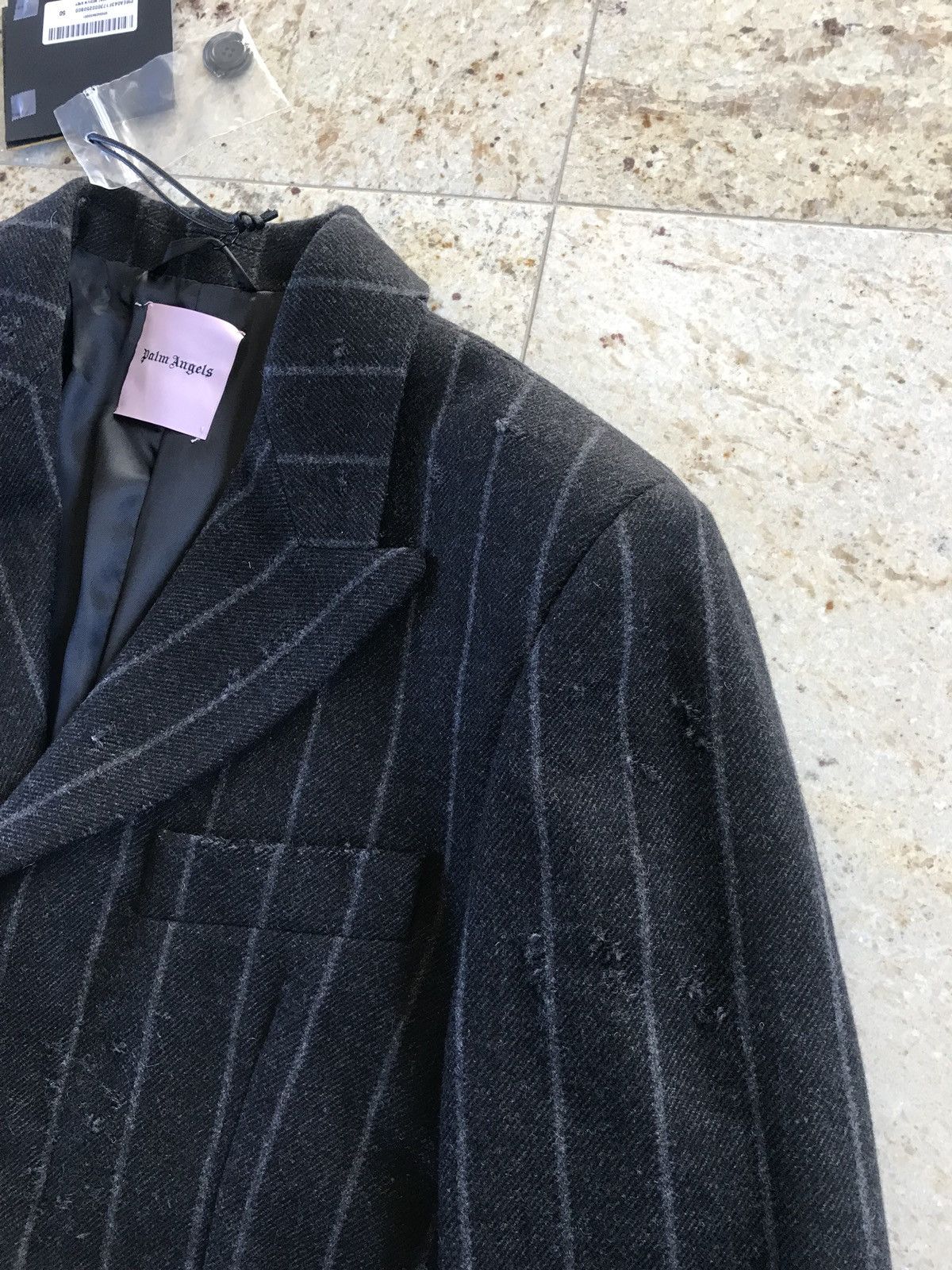 Palm Angels Light Distressed All Over Stripe Wool Black Coat Size US M / EU 48-50 / 2 - 14 Thumbnail