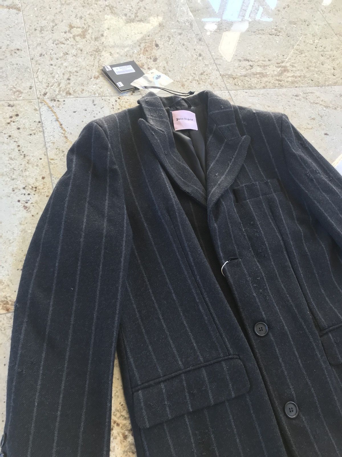 Palm Angels Light Distressed All Over Stripe Wool Black Coat Size US M / EU 48-50 / 2 - 12 Thumbnail