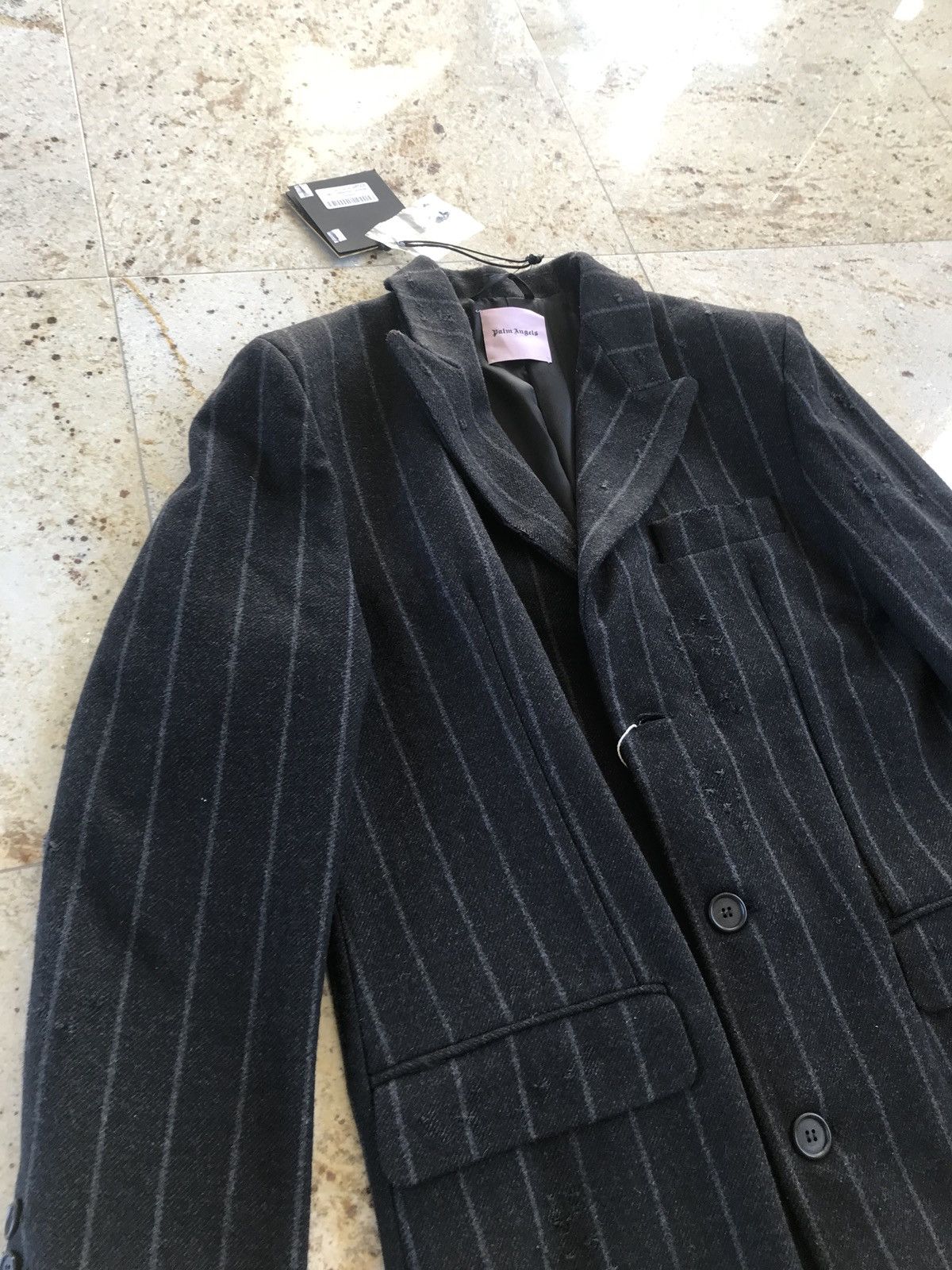 Palm Angels Light Distressed All Over Stripe Wool Black Coat Size US M / EU 48-50 / 2 - 10 Thumbnail