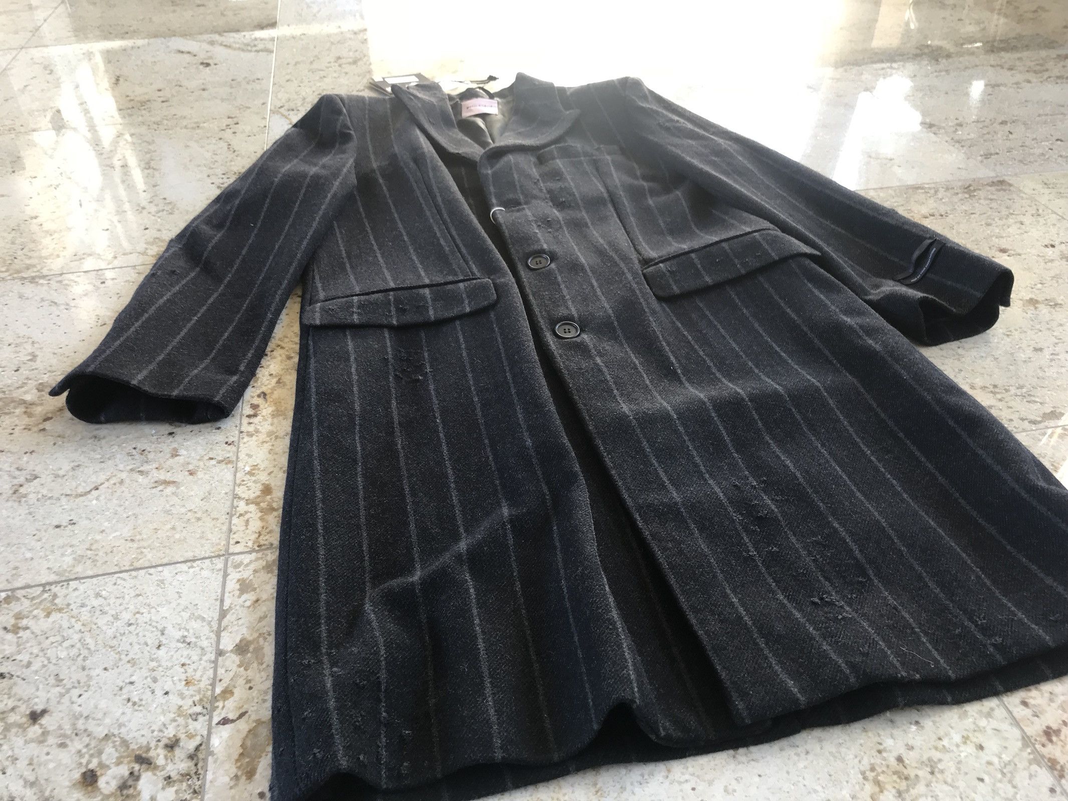 Palm Angels Light Distressed All Over Stripe Wool Black Coat Size US M / EU 48-50 / 2 - 5 Thumbnail