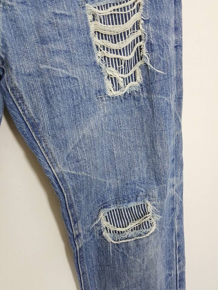 Designer × Japanese Brand Unique Hickory Patchwork Distressed Denim Jeans Pants Size US 29 - 9 Thumbnail