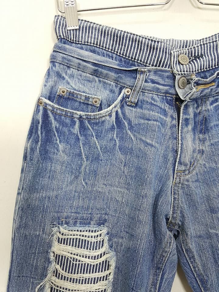 Designer × Japanese Brand Unique Hickory Patchwork Distressed Denim Jeans Pants Size US 29 - 4 Thumbnail