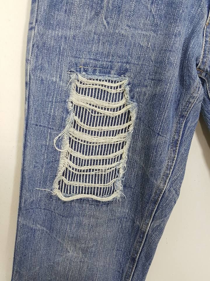 Designer × Japanese Brand Unique Hickory Patchwork Distressed Denim Jeans Pants Size US 29 - 8 Thumbnail