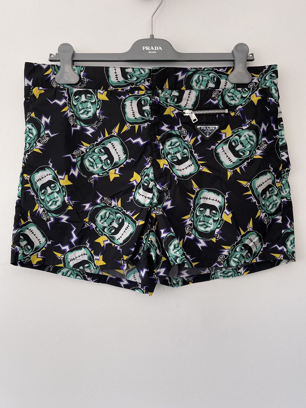 image of Prada X Universal Studios Frankenstein Swim Shorts in Black/Green, Men's (Size 34)