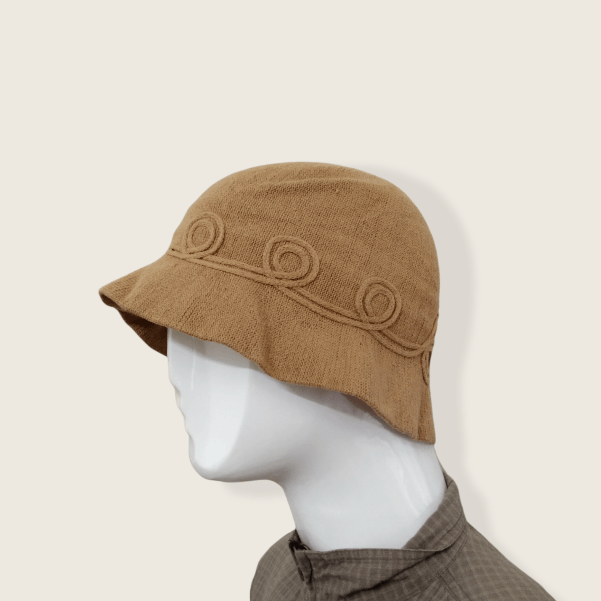 image of Individual Designer Vintage Crochet Knitted Bucket Hat Japan in Light Brown, Men's