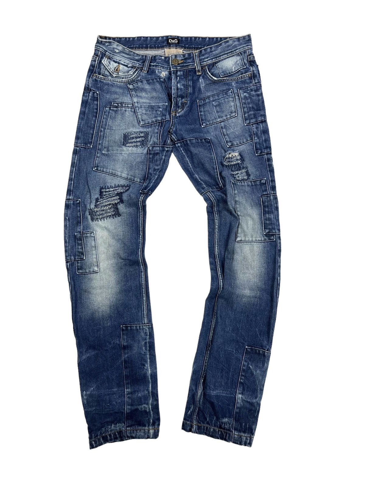 image of Archival Clothing x Avant Garde Archival Dolce & Gabbana Patchwork Distressed Denim Jeans in Blue (