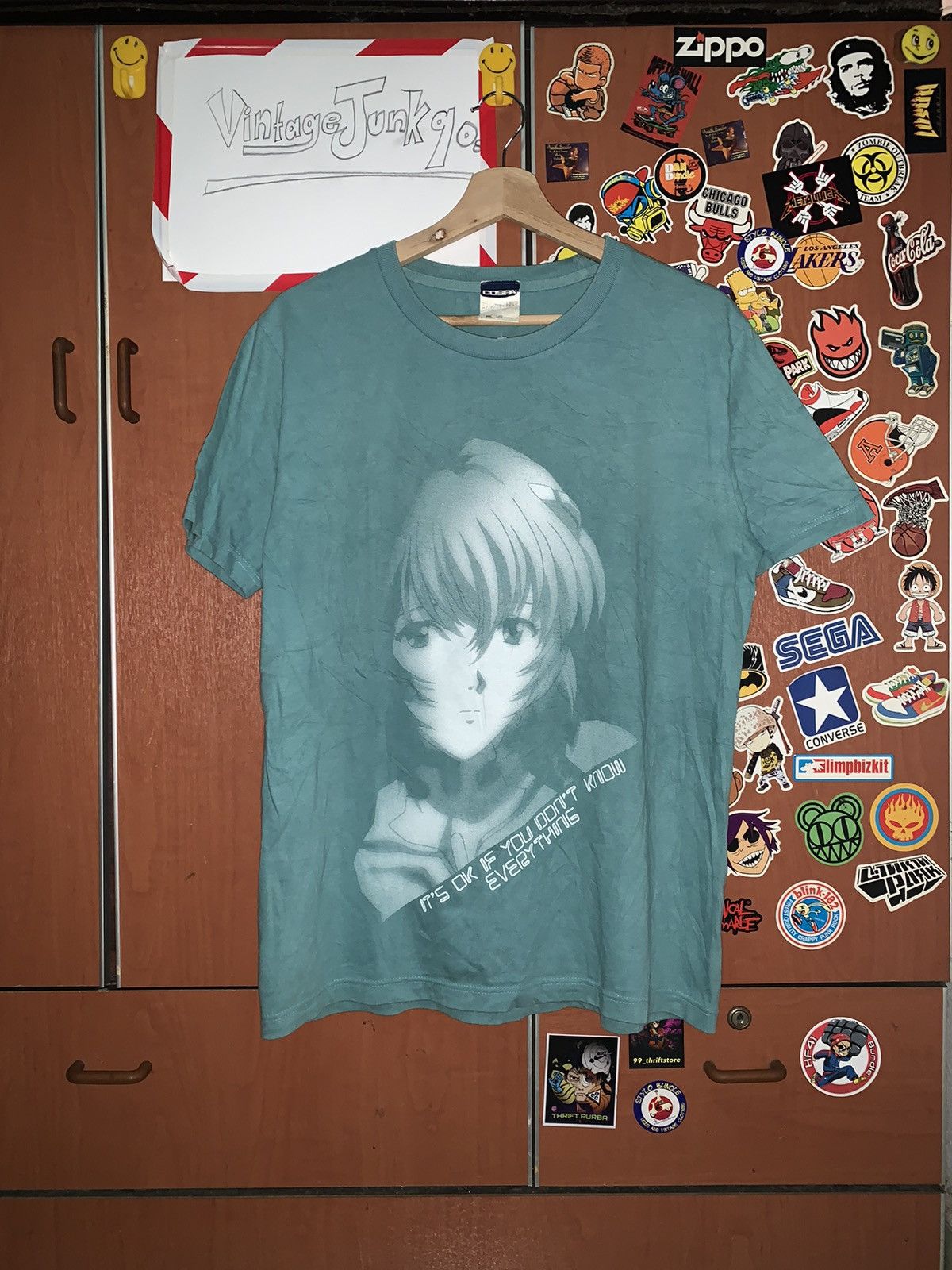image of Cartoon Network x Nickelodeon Neon Genesis Evangelion T-Shirt By Cospa Vintage in Aqua Green (Size 