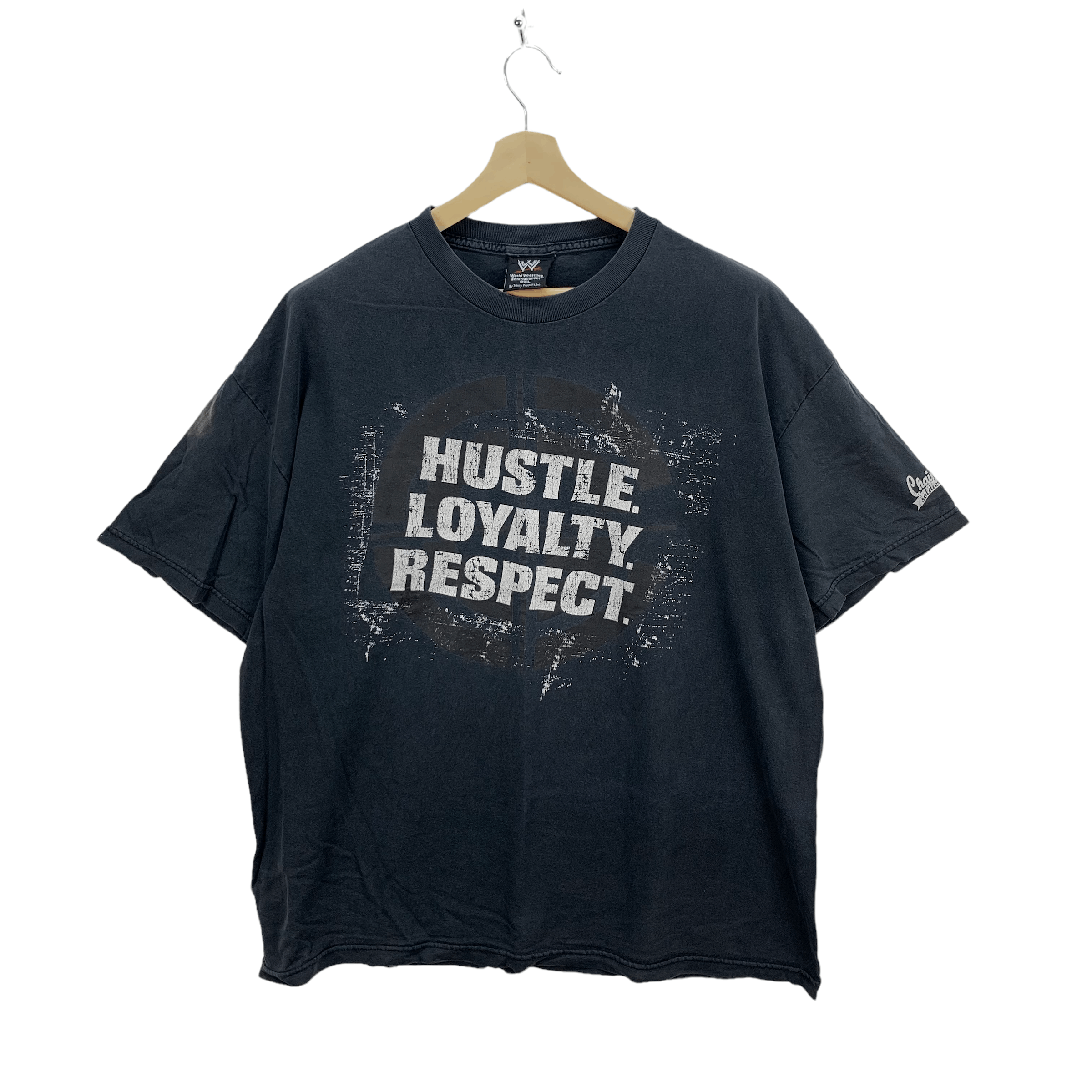 image of Vintage Trashed Wwe Hustle Loyalty Respect T Shirt 3792-132 in Faded Black, Men's (Size 2XL)