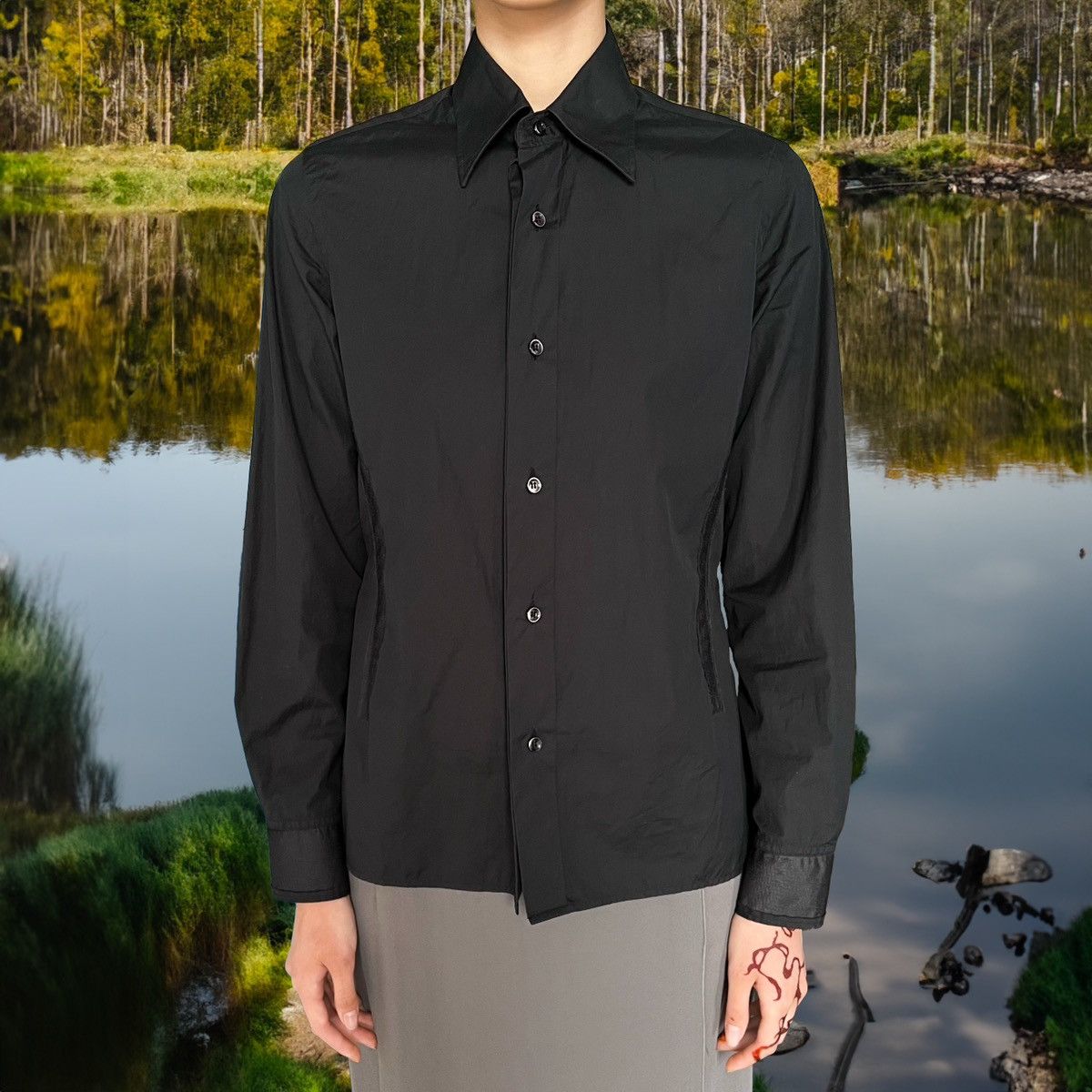 Black shirt with pearl bottoms
