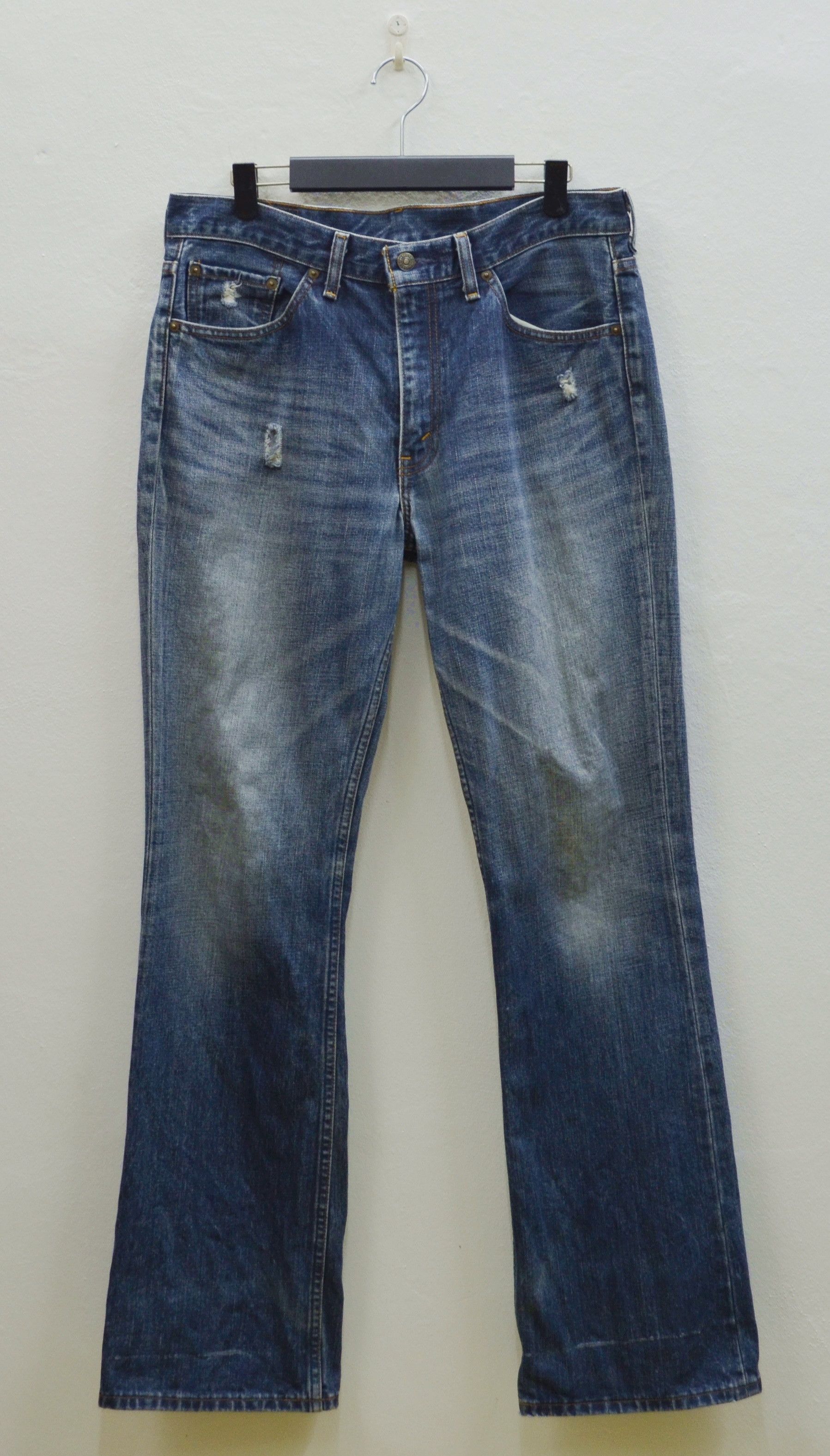 image of Distressed Denim x Levis 90's Levi Strauss 517 Mid Rise Flare Leg Made In Japan in Blue Wash (Size 