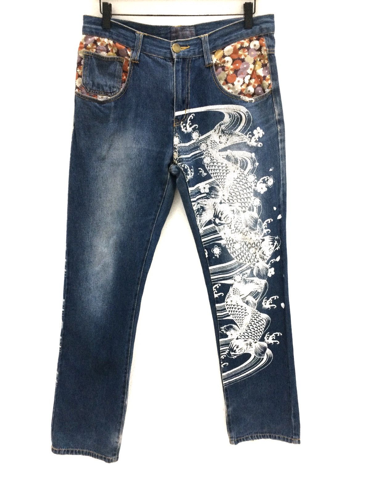 image of Embroidery Fish Koi Full Print Denim Pant, Men's (Size 32)