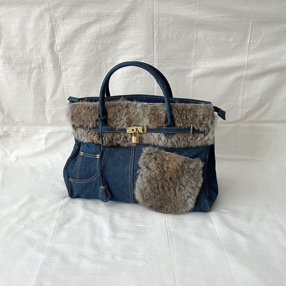 Custom Handmade Denim Rabbit Fur Birkin 40 Style Handbag Bag
