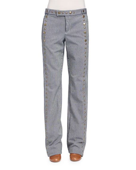 image of Chloe Navy And White Striped Studded Denim Jeans Size 38 in Blue, Women's