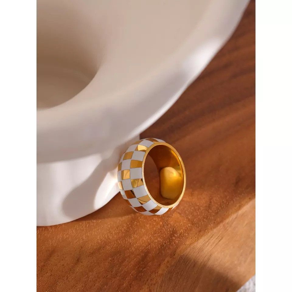 Jewelry Checkered Round Ring 316L Stainless Steel Metal Charm Ring Size ONE SIZE - 2 Thumbnail