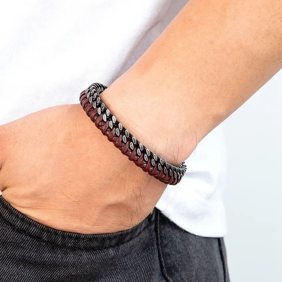 Jewelry Double Chain Braid Leather Bracelet Size ONE SIZE - 2 Thumbnail