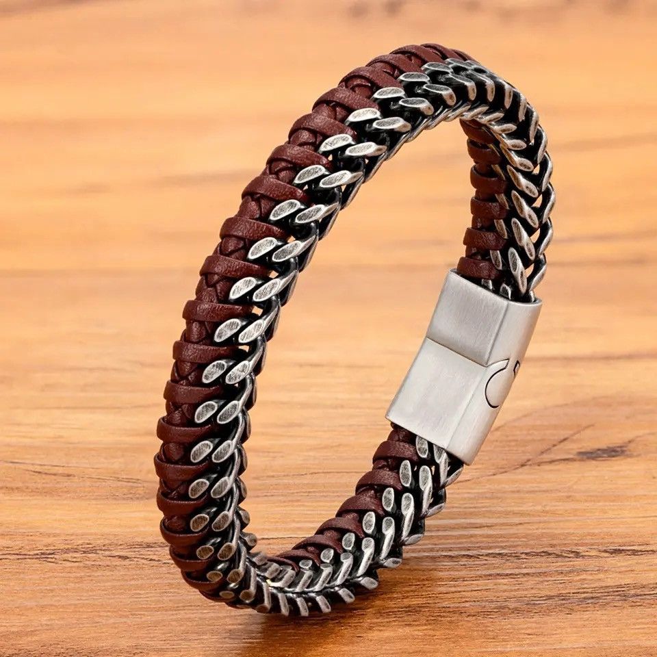 Jewelry Double Chain Braid Leather Bracelet Size ONE SIZE - 1 Thumbnail