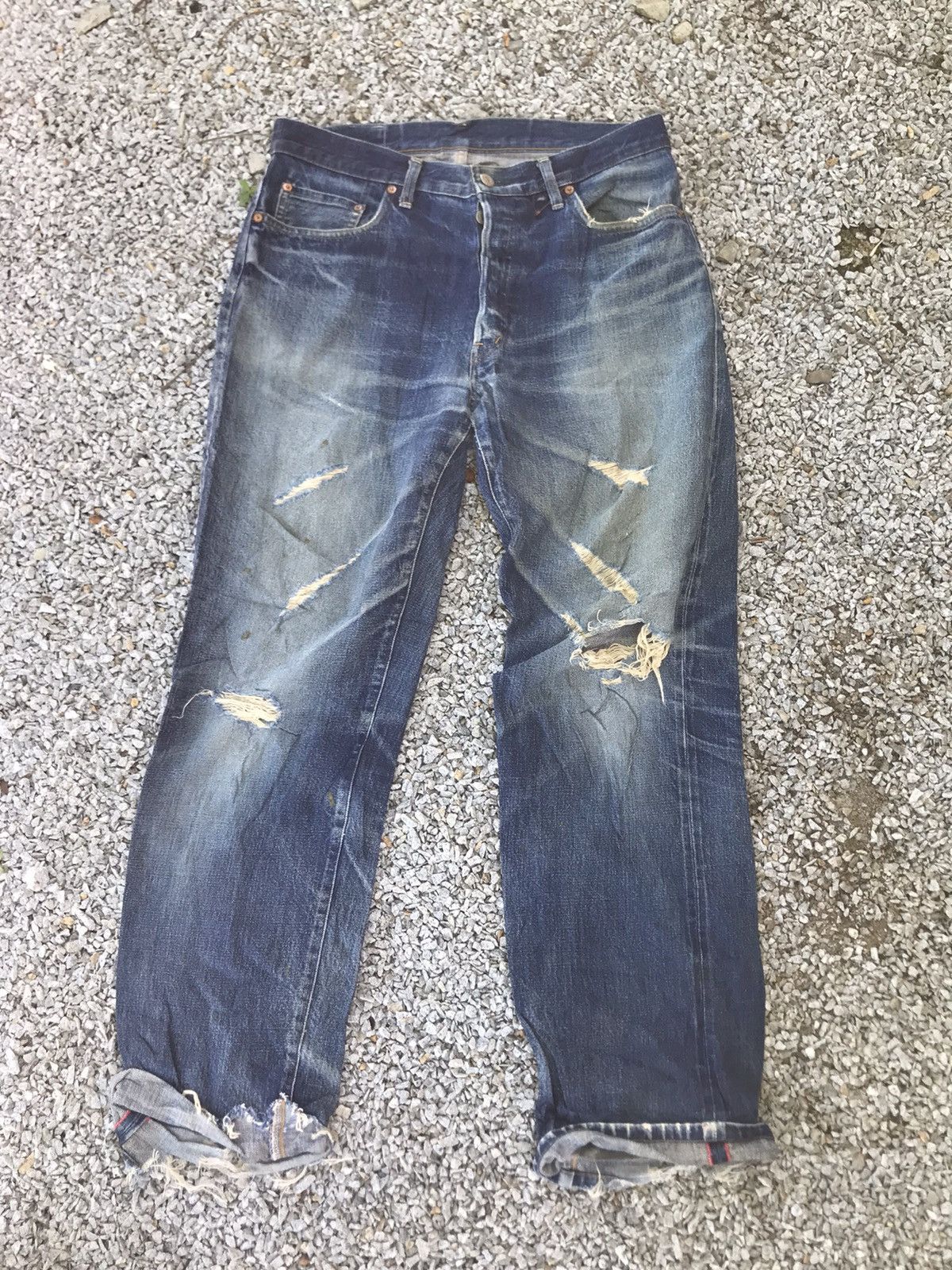 Okura DISTRESSED Thrashed Okura Indigo SELVEDGE JAPAN denim Baggy Size US 33 - 1 Thumbnail