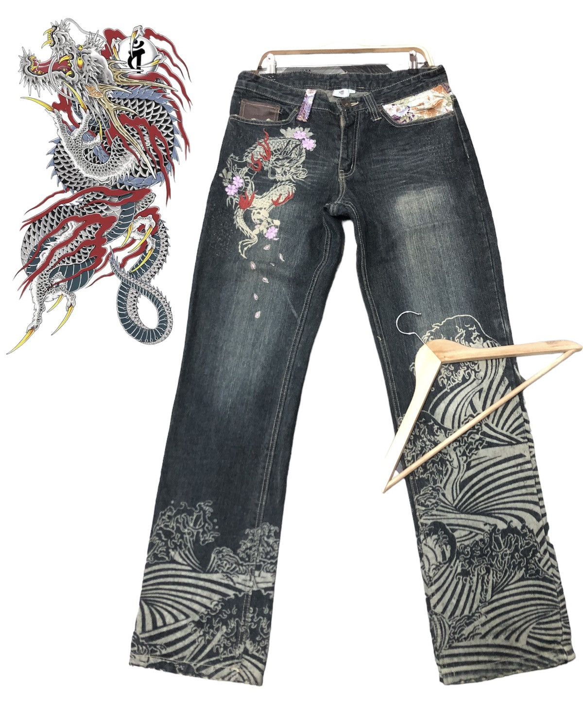 Japanese Brand VINTAGE GUMU SUKAJAN DRAGON EMBROIDERY DENIM Size US 34 / EU 50 - 1 Thumbnail