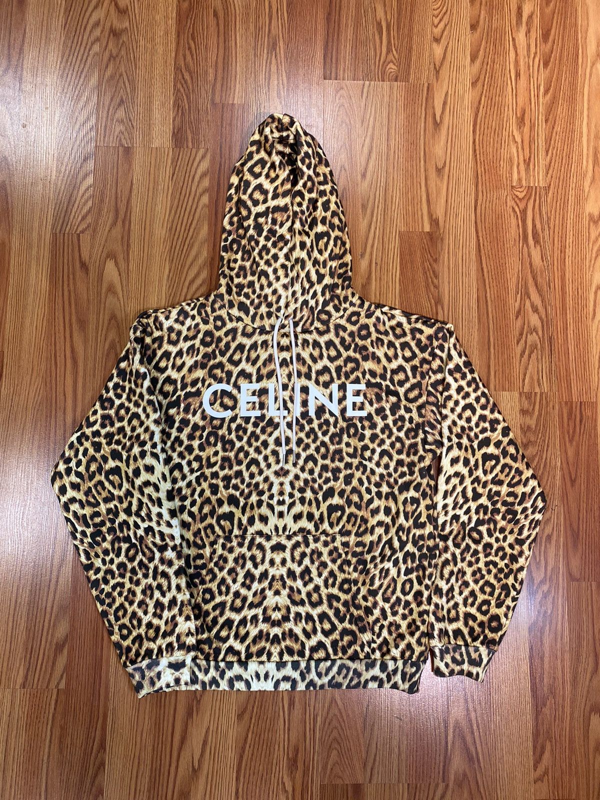 image of Celine Leopard Print Logo Pullover Hoodie, Men's (Size Small)