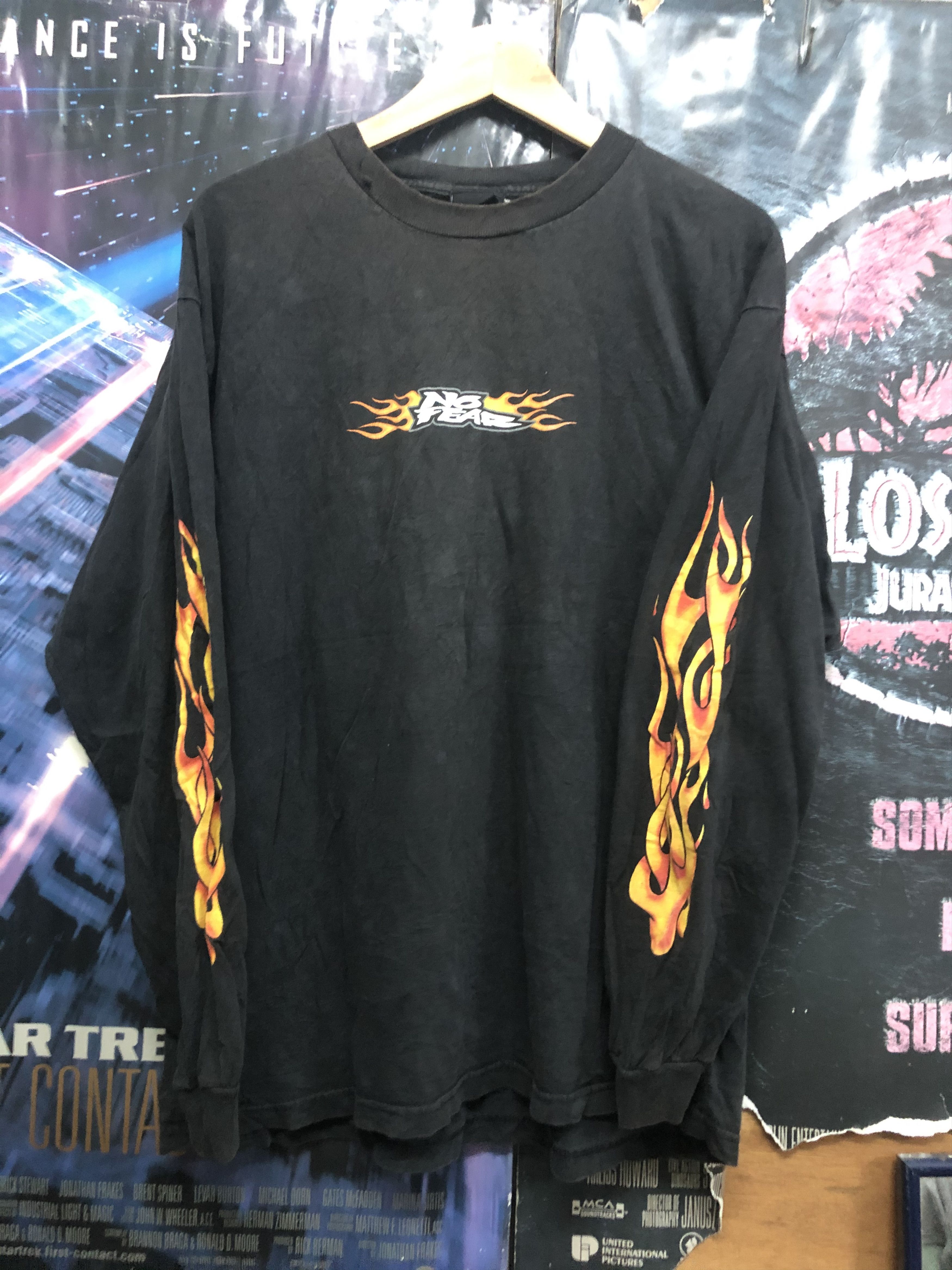 90s USA製 NO FEAR フレイム ロンT ノーフィア FLAME 炎 Vintage 90s No Fear Metal Flame T Shirt Adult XL Blue Made