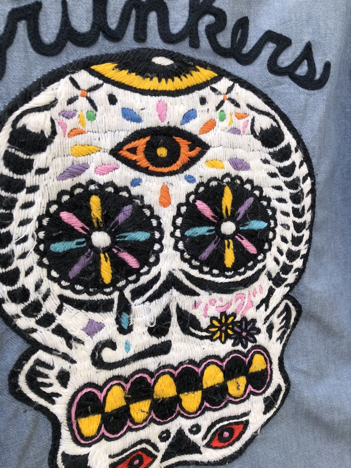 Vintage Punk Drunkers Japan Embroidery Satanic Skull Denim Shirt Size US L / EU 52-54 / 3 - 8 Thumbnail