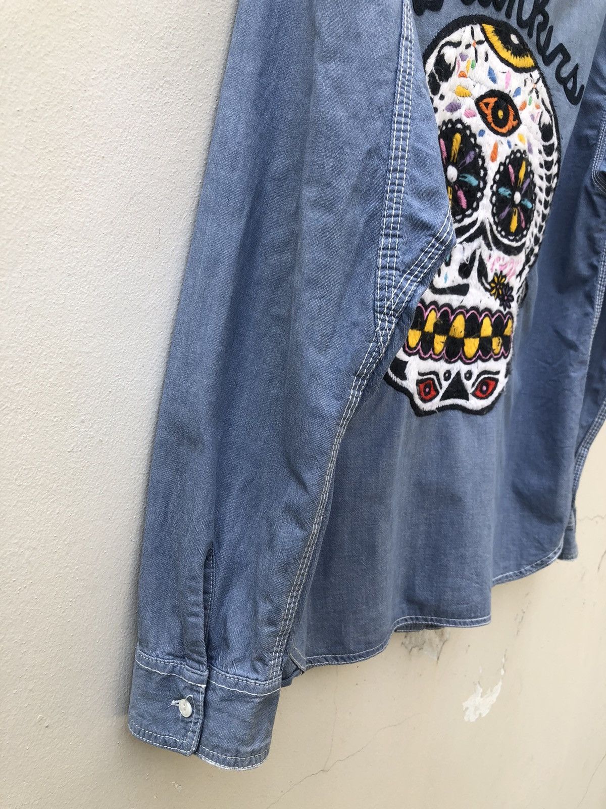 Vintage Punk Drunkers Japan Embroidery Satanic Skull Denim Shirt Size US L / EU 52-54 / 3 - 12 Thumbnail