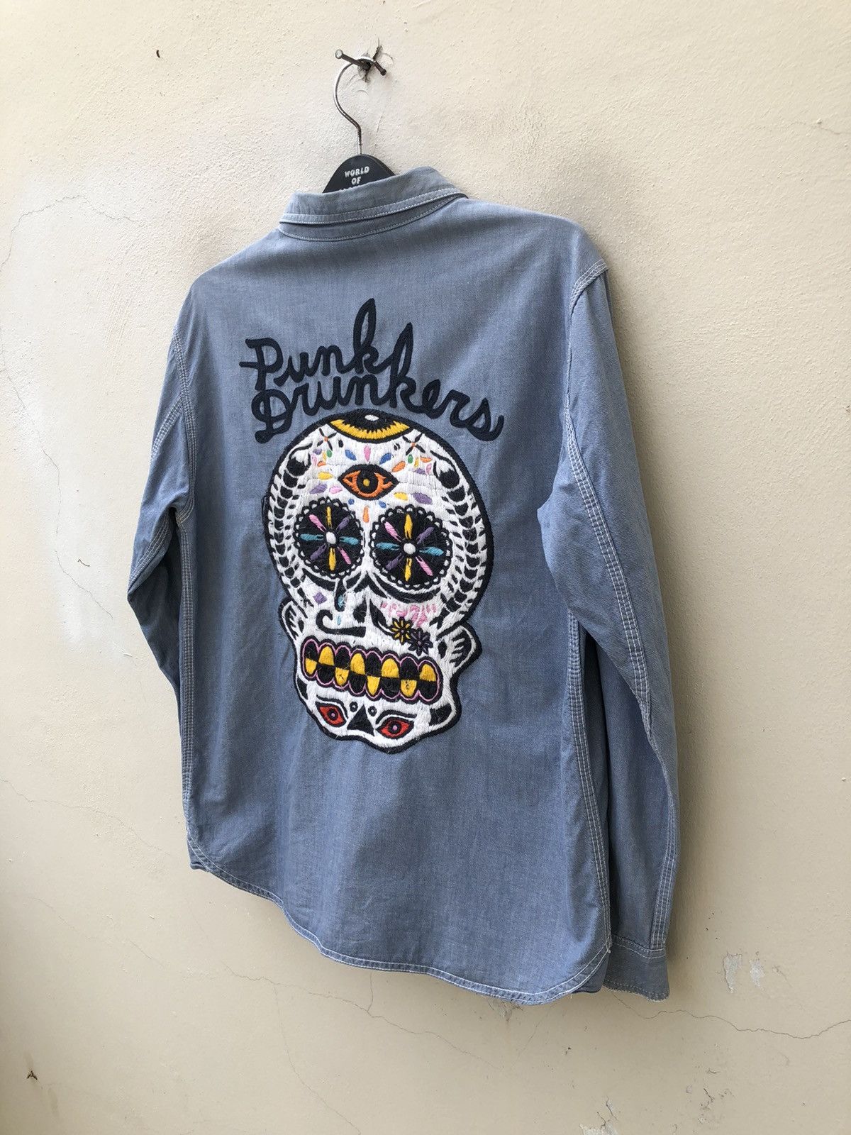 Vintage Punk Drunkers Japan Embroidery Satanic Skull Denim Shirt Size US L / EU 52-54 / 3 - 9 Thumbnail
