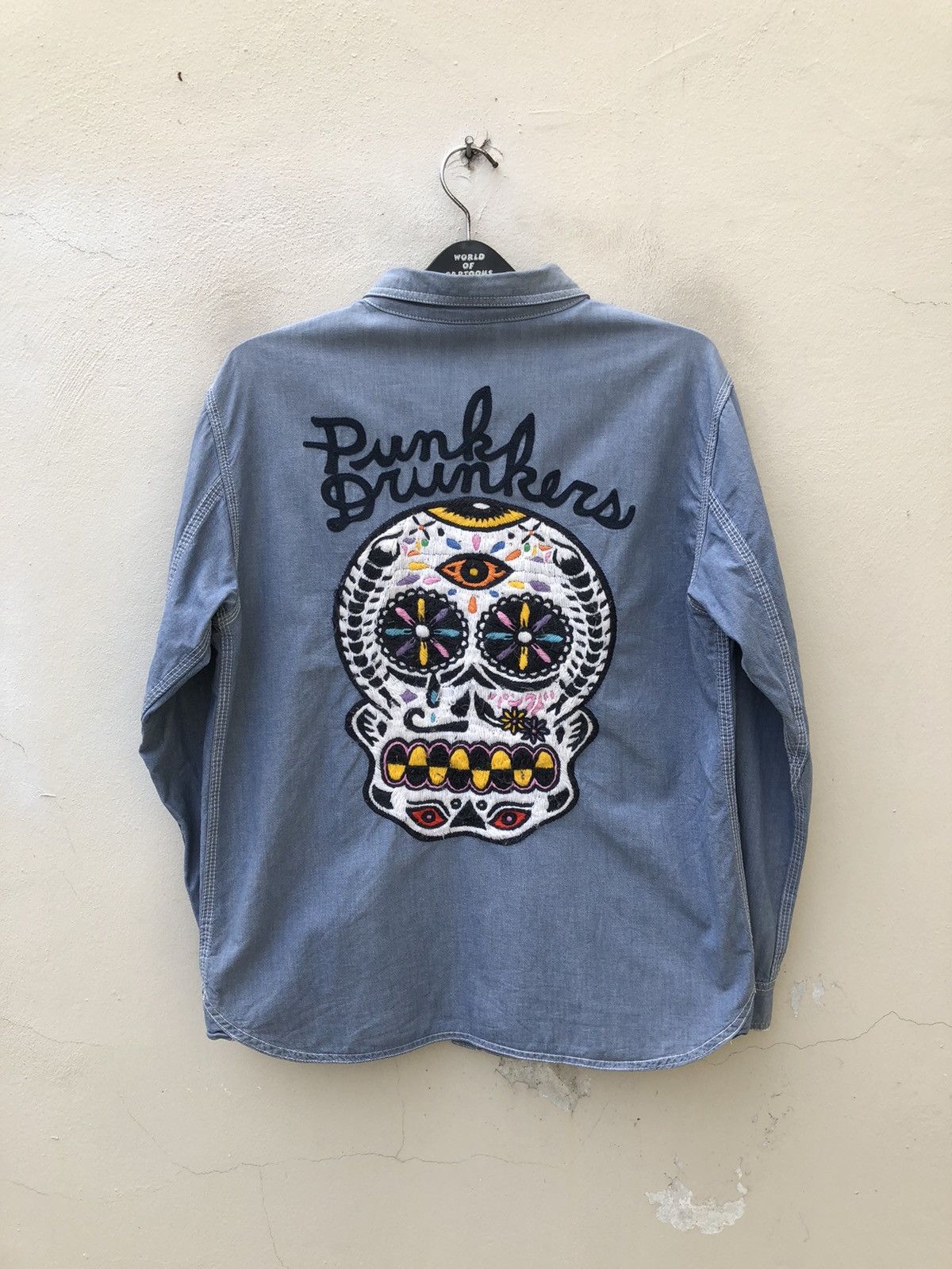 Vintage Punk Drunkers Japan Embroidery Satanic Skull Denim Shirt Size US L / EU 52-54 / 3 - 6 Thumbnail
