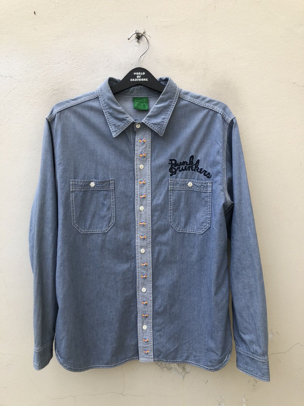 Vintage Punk Drunkers Japan Embroidery Satanic Skull Denim Shirt Size US L / EU 52-54 / 3 - 20 Thumbnail